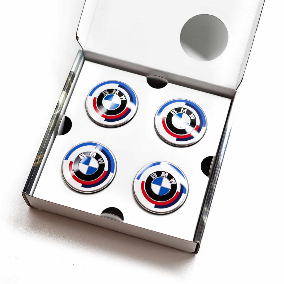 BMW 50th ANNIVERSARY FLOATING WHEEL CENTRE CAPS (56mm/68mm)